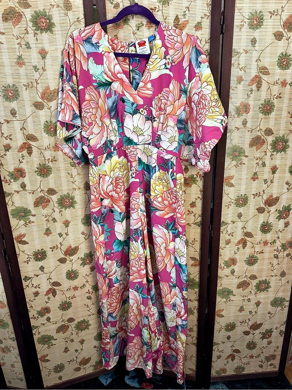 Farm Rio Pink Peonies V-Neck Jumpsuit Floral Maxi Dress in Pink & Blue